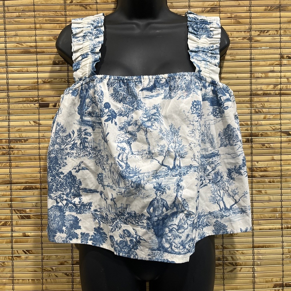 Gianni‎ Bini Top Womens L Sadie Toile Du Joie Smocked Tank Blue White Babydoll